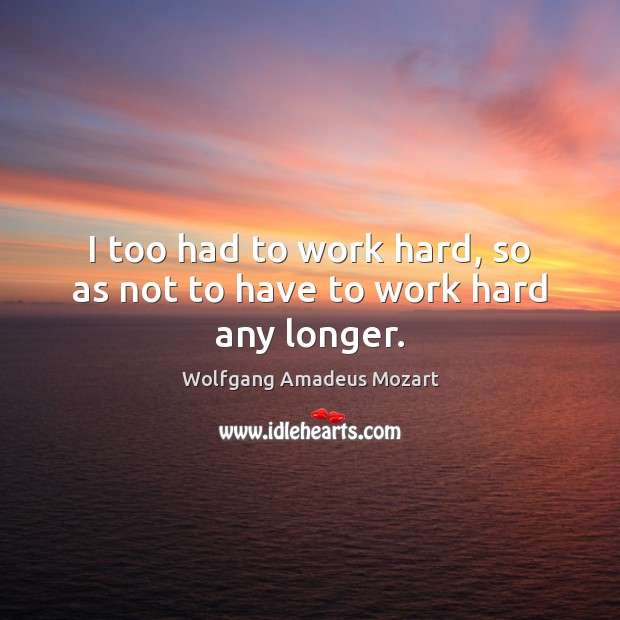 I too had to work hard, so as not to have to work hard any longer. Wolfgang Amadeus Mozart Picture Quote