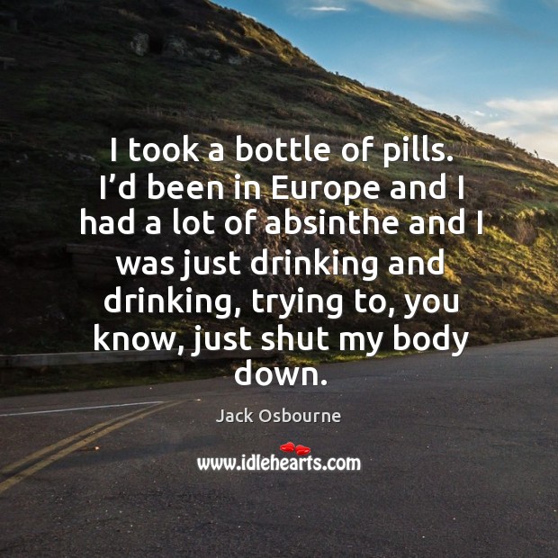 I took a bottle of pills. I’d been in europe and I had a lot of absinthe and I was just drinking and drinking Jack Osbourne Picture Quote
