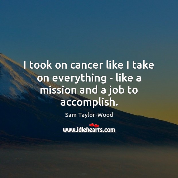 I took on cancer like I take on everything – like a mission and a job to accomplish. Sam Taylor-Wood Picture Quote