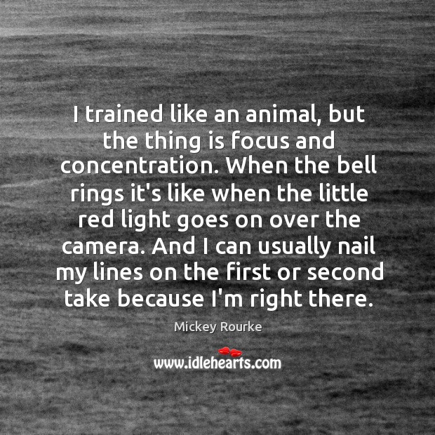 I trained like an animal, but the thing is focus and concentration. Mickey Rourke Picture Quote