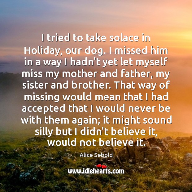 I tried to take solace in Holiday, our dog. I missed him Alice Sebold Picture Quote