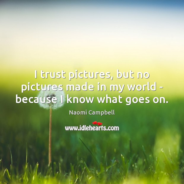 I trust pictures, but no pictures made in my world – because I know what goes on. Naomi Campbell Picture Quote