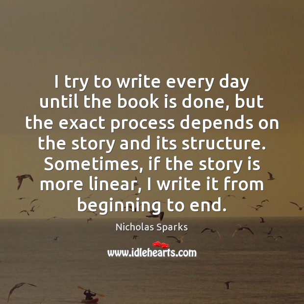 I try to write every day until the book is done, but Nicholas Sparks Picture Quote