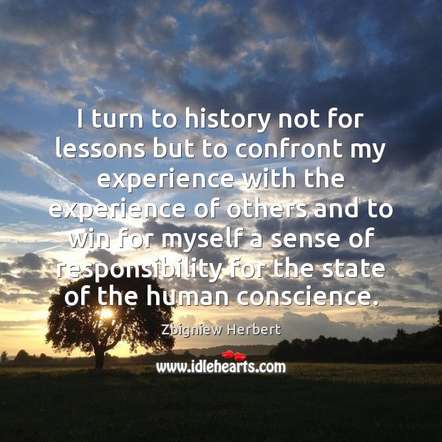 I turn to history not for lessons but to confront my experience Zbigniew Herbert Picture Quote