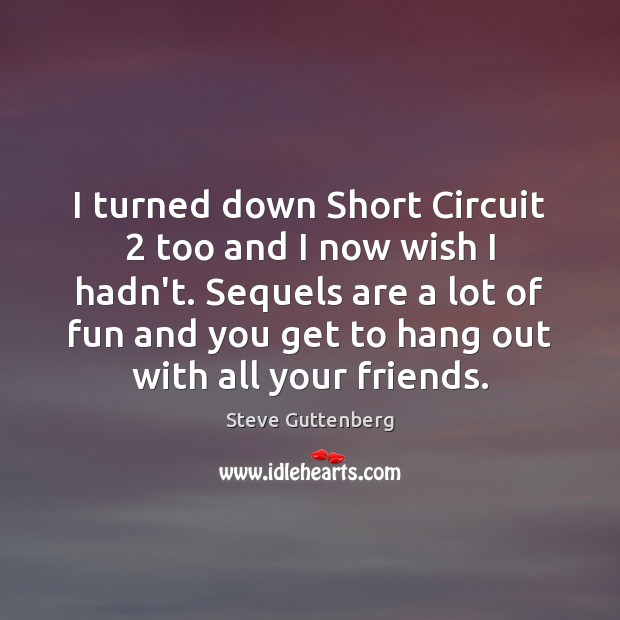 I turned down Short Circuit 2 too and I now wish I hadn’t. Steve Guttenberg Picture Quote
