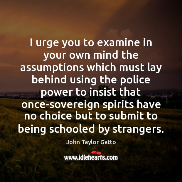 I urge you to examine in your own mind the assumptions which John Taylor Gatto Picture Quote