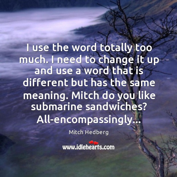 I use the word totally too much. I need to change it Mitch Hedberg Picture Quote