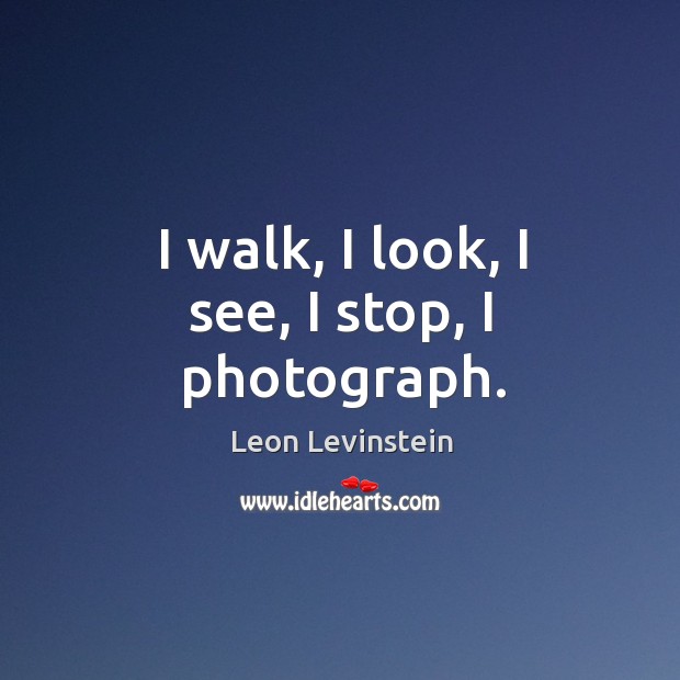 I walk, I look, I see, I stop, I photograph. Leon Levinstein Picture Quote