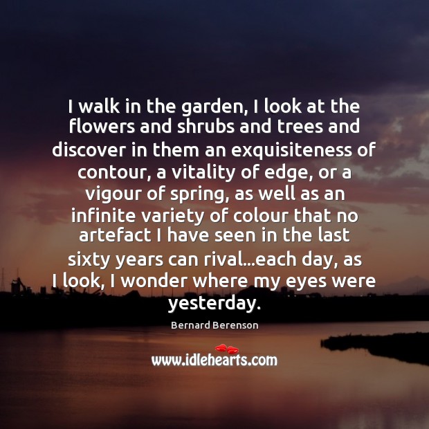 I walk in the garden, I look at the flowers and shrubs Bernard Berenson Picture Quote