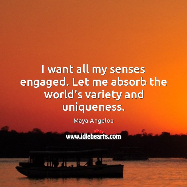 I want all my senses engaged. Let me absorb the world’s variety and uniqueness. Maya Angelou Picture Quote