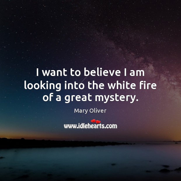 I want to believe I am looking into the white fire of a great mystery. Mary Oliver Picture Quote