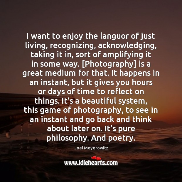 I want to enjoy the languor of just living, recognizing, acknowledging, taking Joel Meyerowitz Picture Quote