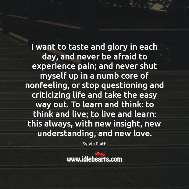 I want to taste and glory in each day, and never be Sylvia Plath Picture Quote