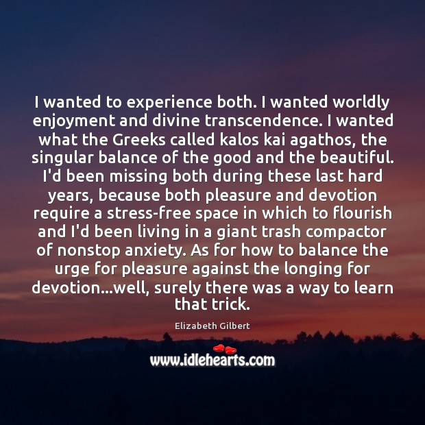 I wanted to experience both. I wanted worldly enjoyment and divine transcendence. Elizabeth Gilbert Picture Quote