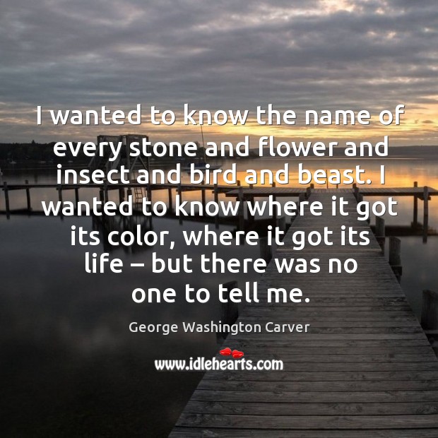 I wanted to know where it got its color, where it got its life – but there was no one to tell me. George Washington Carver Picture Quote