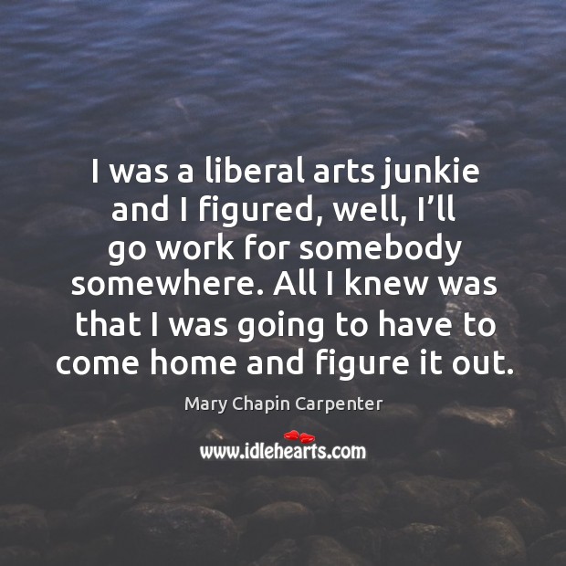 I was a liberal arts junkie and I figured, well, I’ll go work for somebody somewhere. Mary Chapin Carpenter Picture Quote