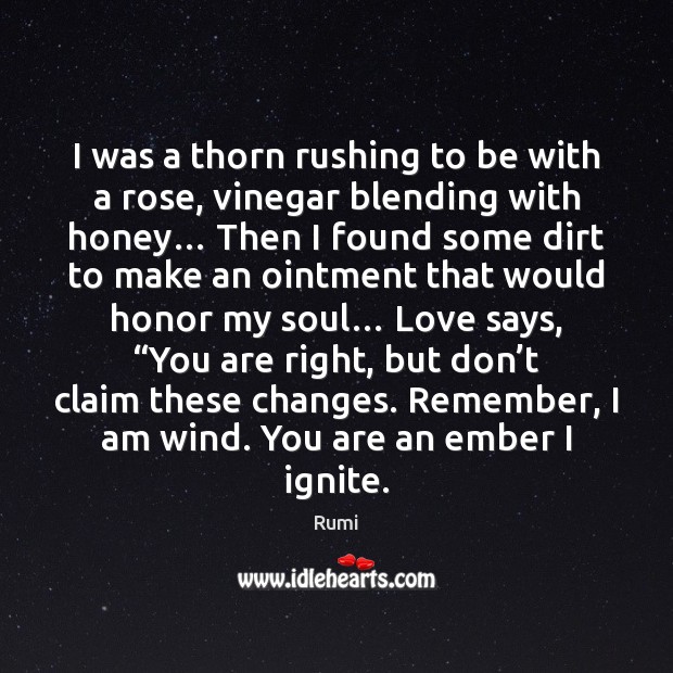 I was a thorn rushing to be with a rose, vinegar blending Rumi Picture Quote