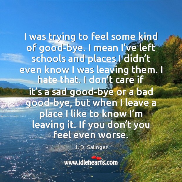 I was trying to feel some kind of good-bye. I mean I’ J. D. Salinger Picture Quote