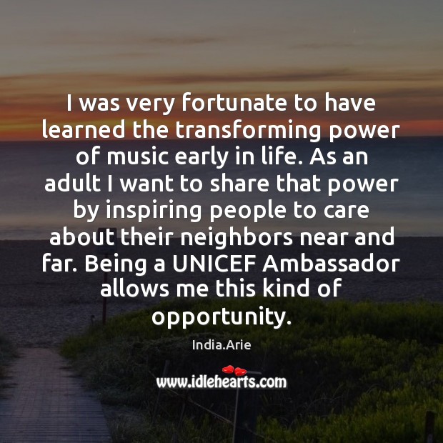 I was very fortunate to have learned the transforming power of music India.Arie Picture Quote