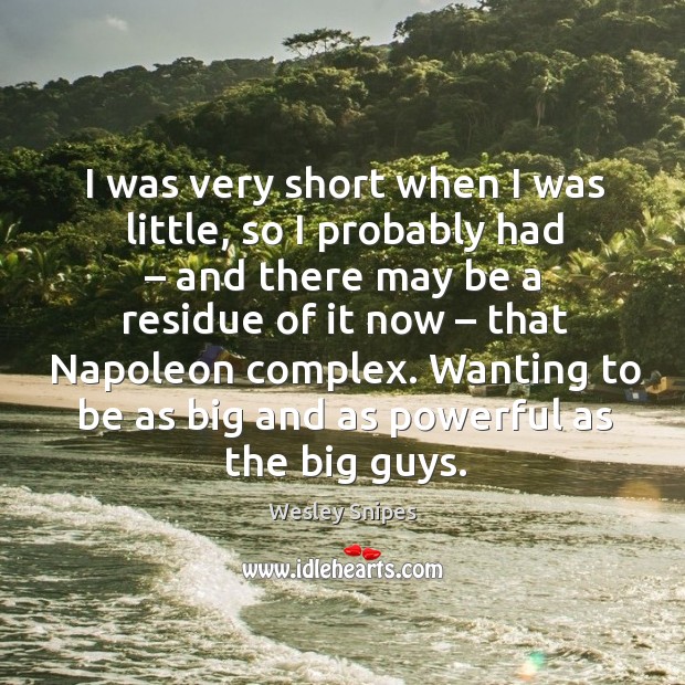 I was very short when I was little, so I probably had – and there may be a residue of it now – that napoleon complex. Wesley Snipes Picture Quote