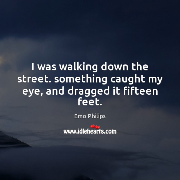 I was walking down the street. something caught my eye, and dragged it fifteen feet. Emo Philips Picture Quote