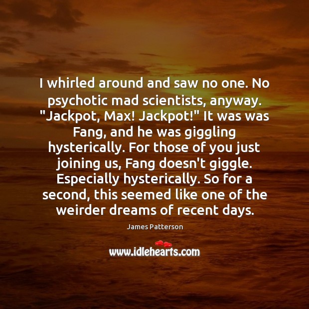 I whirled around and saw no one. No psychotic mad scientists, anyway. “ James Patterson Picture Quote