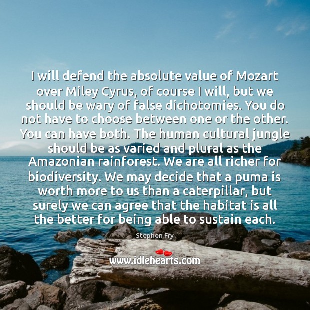I will defend the absolute value of Mozart over Miley Cyrus, of Stephen Fry Picture Quote
