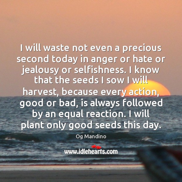 I will waste not even a precious second today in anger or Og Mandino Picture Quote