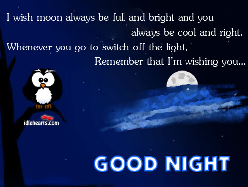 I wish moon always be full and bright and you always be cool. Good Night Quotes Image