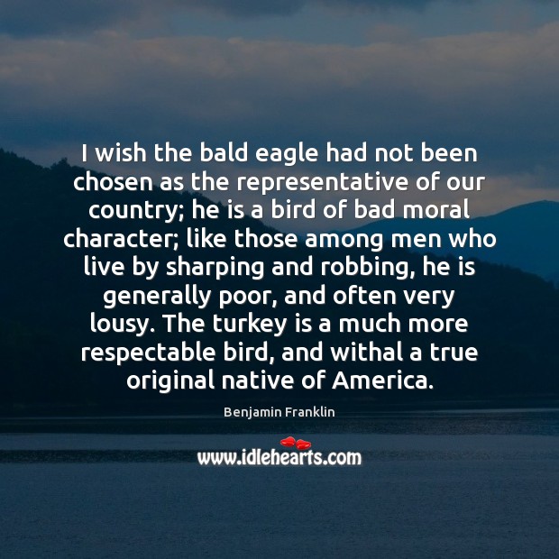 I wish the bald eagle had not been chosen as the representative Benjamin Franklin Picture Quote