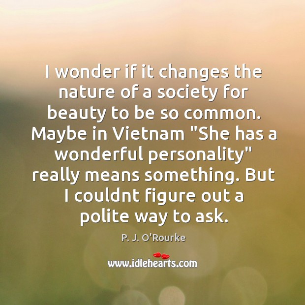 I wonder if it changes the nature of a society for beauty P. J. O’Rourke Picture Quote