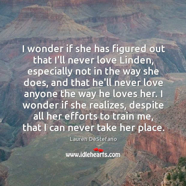 I wonder if she has figured out that I’ll never love Linden, Lauren DeStefano Picture Quote