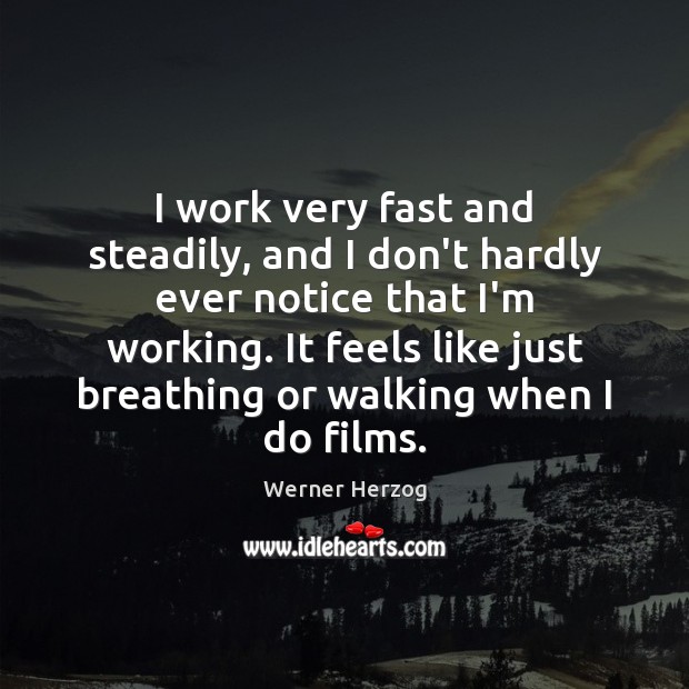 I work very fast and steadily, and I don’t hardly ever notice Werner Herzog Picture Quote