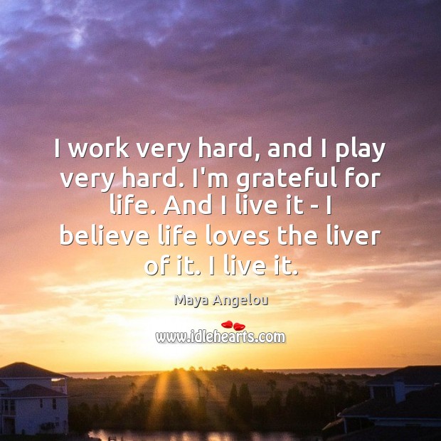 I work very hard, and I play very hard. I’m grateful for Maya Angelou Picture Quote