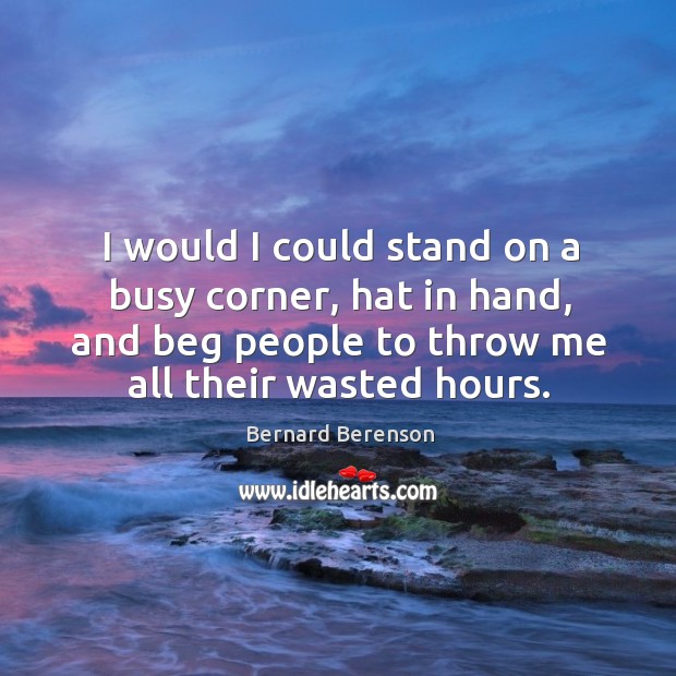 I would I could stand on a busy corner, hat in hand, and beg people to throw me all their wasted hours. Bernard Berenson Picture Quote