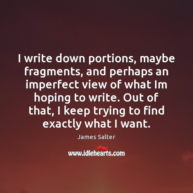 I write down portions, maybe fragments, and perhaps an imperfect view of James Salter Picture Quote