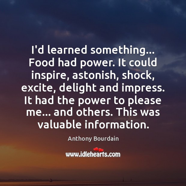 I’d learned something… Food had power. It could inspire, astonish, shock, excite, Anthony Bourdain Picture Quote