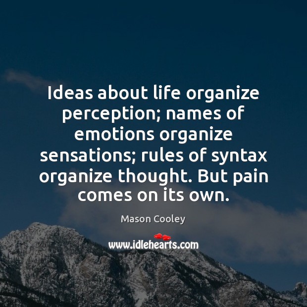 Ideas about life organize perception; names of emotions organize sensations; rules of Mason Cooley Picture Quote