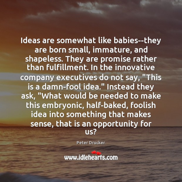 Ideas are somewhat like babies–they are born small, immature, and shapeless. They Peter Drucker Picture Quote