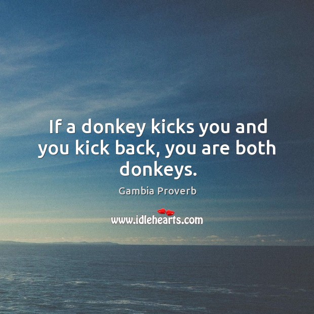If a donkey kicks you and you kick back, you are both donkeys. Gambia Proverbs Image