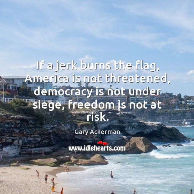 If a jerk burns the flag, america is not threatened, democracy is not under siege, freedom is not at risk. Gary Ackerman Picture Quote