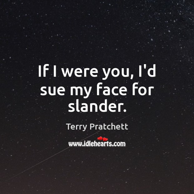 If I were you, I’d sue my face for slander. Terry Pratchett Picture Quote
