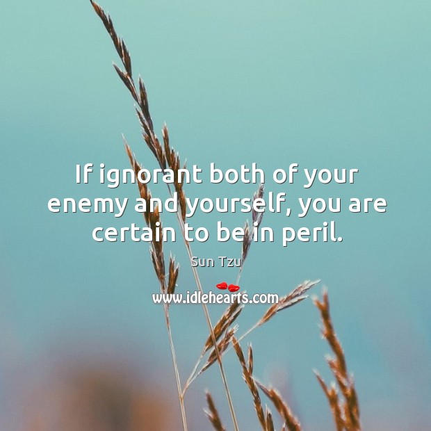 If ignorant both of your enemy and yourself, you are certain to be in peril. Sun Tzu Picture Quote