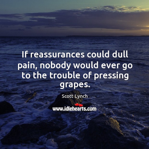 If reassurances could dull pain, nobody would ever go to the trouble of pressing grapes. Scott Lynch Picture Quote
