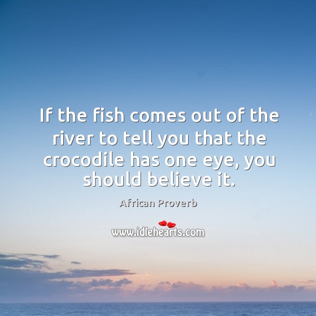 If the fish comes out of the river to tell you that the crocodile has one eye, you should believe it. African Proverbs Image