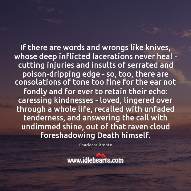 If there are words and wrongs like knives, whose deep inflicted lacerations Charlotte Bronte Picture Quote