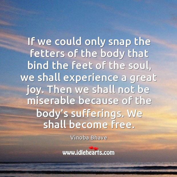 If we could only snap the fetters of the body that bind the feet of the soul, we shall experience a great joy. Vinoba Bhave Picture Quote