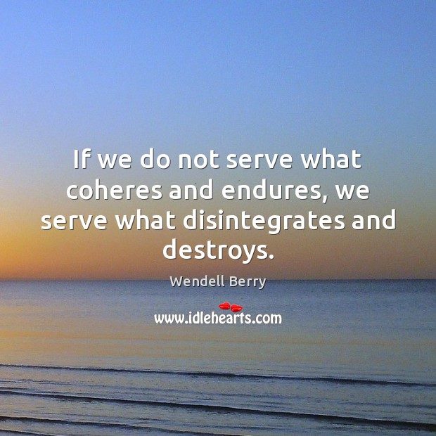 If we do not serve what coheres and endures, we serve what disintegrates and destroys. Wendell Berry Picture Quote