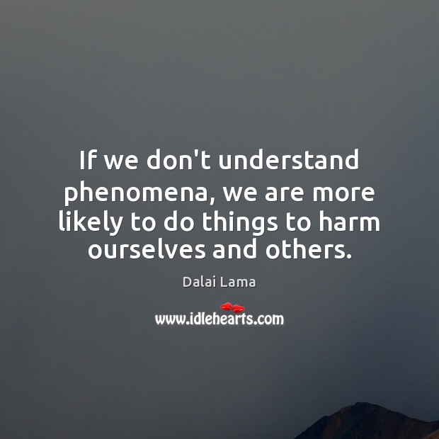 If we don’t understand phenomena, we are more likely to do things Dalai Lama Picture Quote
