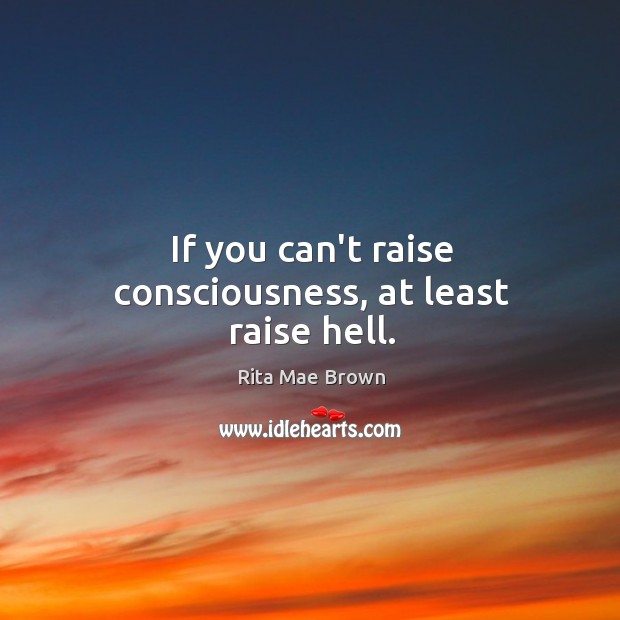 If you can’t raise consciousness, at least raise hell. Rita Mae Brown Picture Quote